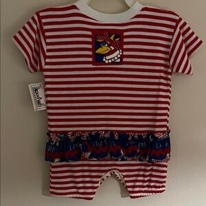 Red and White Striped Baby Romper with Character Patch